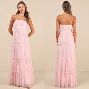 Lulus Sweetness Light Pink Mesh Swiss Dot Tiered Maxi Dress M Wedding Party